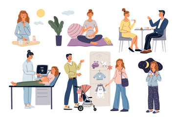 Fototapeta premium Pregnant woman with husband. Female daily schedule. Future parents preparing for child appearance. Mother and father. Clinic checkup. Baby clothing shopping. Garish vector maternity set