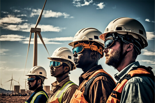 A Team Of Workers In Hardhats And Safety Gear On A Clean Energy Construction Site, Showing A Company's Efforts To Transition To A More Sustainable Future