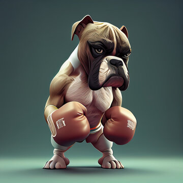 bulldog dressed as a boxer standing with big muchles and gloves