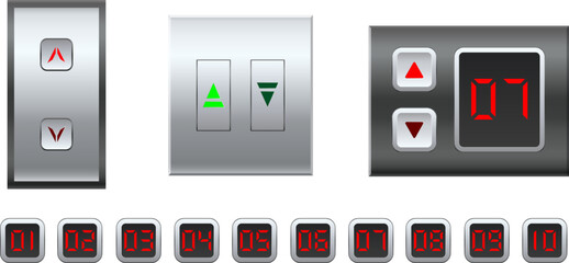 Realistic elevator buttons. Stage transportation. Navigation shiny numbers. Control panel. Moving levels. Stainless steel. Building hallway. Hall interior. Vector isolated elements set © VectorBum