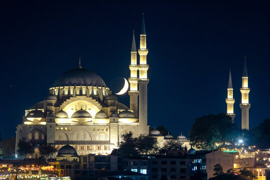 Ramadan concept photo. Suleymaniye Mosque and crescent moon.