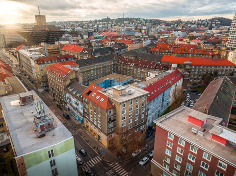Aerial photo of Bratislava old town with sunset, Slovak Radio building in behind, Bratislava, Slovakia
