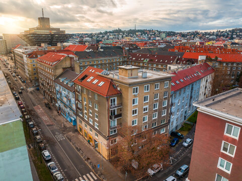 Aerial photo of Bratislava old town with sunset, Slovak Radio building in behind, Bratislava, Slovakia