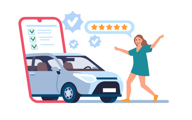 Woman rents or buys car online. People making purchase by mobile application. Automobile internet trade. Buyers with new vehicle. Rating stars. Phone auto shopping app. Vector concept