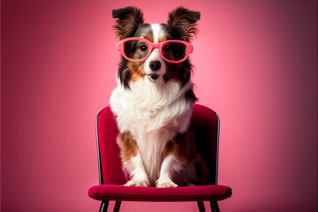 Dog sitting on a chair with glasses on a pink background. Concept love holiday Valentine's Day, women's day, space for text, copy space. generative AI