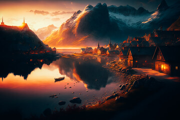 A wide shot of a fjord with a small village nestled at its base, with the sun