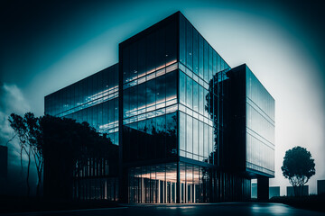 Plakat An image of a modern and sleek office building, with tall glass windows, and a minimalist design