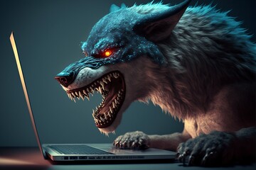 personnage à tête de loup derrière un écran d'ordinateur pour symboliser un prédateur sexuel ou un arnaqueur - illustration IA - obrazy, fototapety, plakaty