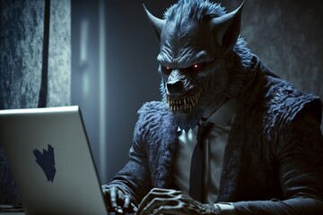 personnage à tête de loup derrière un écran d'ordinateur pour symboliser un prédateur sexuel ou un arnaqueur - illustration IA