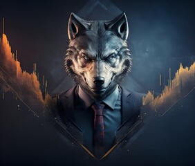 Fototapeta Personnage en costume avec une tête de loup devant un arrière-plan évoquant le trading - illustration ia obraz