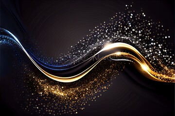 Gold and silver magic elegant glitter light glowing background, generative ai, blue and dark backgound	