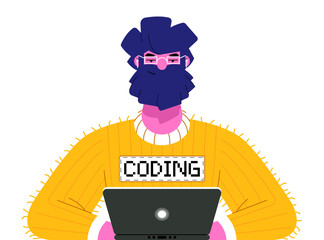 Programmer sitting at his laptop. Coder is coding flat art isolated on a white background. Vector Illustration