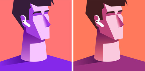 Two man's heads. Noavatar set, two man face with wireless headset on a red background. Vector Illustration