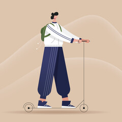 Man on an electric scooter flat illustration on a brown background. Scooterist with a green backpack flat art. Vector Illustration