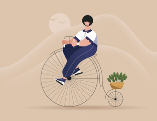 Man on a bicycle flat illustration on a brown background. Cyclist on a classic bicycle with huge wheel flat art. Vector Illustration