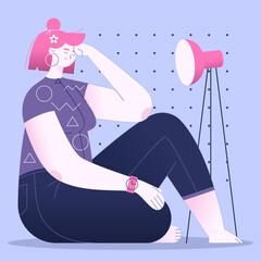 Sad girl fashion art. Sitting girl with a lamp on a blue background flat illustration. Vector Illustration