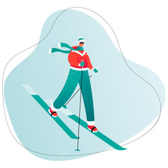 Skier flat illustration on a blue background. Skier with a hat and a scarf flat art. Vector Illustration