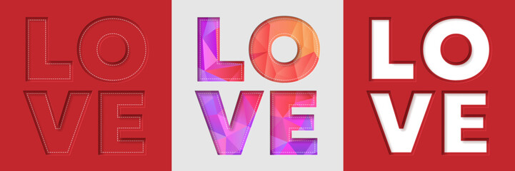 Love paper cut. Big letters on a red background set. Happy Valentine's Day postcard design. Vector Illustration