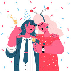 Two girls celebration. Couple of women flat art illustration with champagne isolated on a white background. Vector Illustration