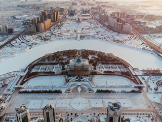 Aerial drone view Nur-Sultan, Kazakhstan Qazaqstan city center with skyscrapers and Baiterek Tower