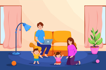 Father use laptop for working.Mother,daughter and son playing together,doing activity in family time