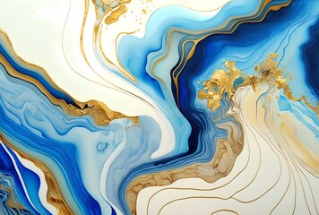 Gold marble painting, abstract art, blue and white colors, stylized and textured, artistic paint decoration for canvas print or wallpaper, generative ai