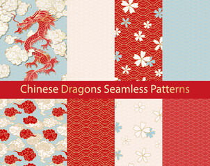 Red Gold Chinese Seamless Patterns Collection with Dragon and Asian Arches Motif Scallop