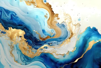 Gold marble painting, abstract art, blue and white colors, stylized and textured, artistic paint decoration for canvas print or wallpaper, generative ai