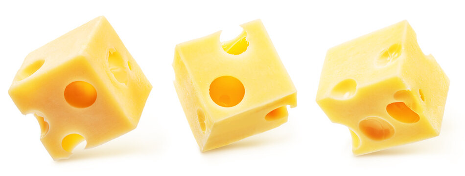 Three cubes of Emmental cheese isolated on white background. Clipping path.