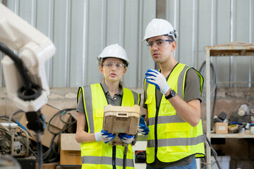 Engineer man and woman talking and explaining about robot arms technology intelligence and innovation at factory, development machine, people using remote control with machine, industry concept.