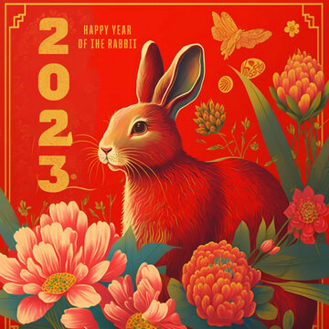 Happy Year of the Rabbit - Chinese new year 2023 illustrated greeting card with bunny, red traditional Chinese design. Lunar new year concept, vintage retro design, illustration, collage.