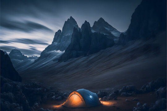 Camping at night representing adventure created with Generative AI