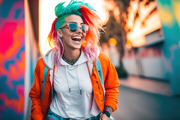 Hipster girl who has her own alternative, rock and roll style. A little eccentric girl who expresses musical style through styling in city street. Illustration. Generative AI.