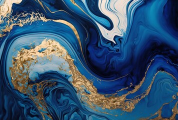 Gold marble painting, abstract art, blue and white colors, stylized and textured, artistic paint decoration for canvas print or wallpaper, generative ai