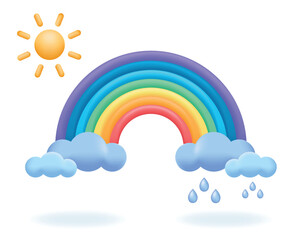 Colorful rainbow arch with rain clouds and sun. Weather icons on white background. Plasticine or clay design elements vector illustration.