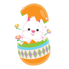 Fototapeta premium Happy Easter Day. Cute white rabbit with Easter egg and colorful flower.