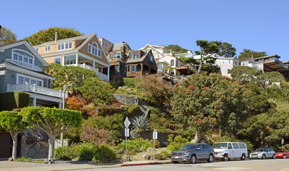 Urban view. Blooming Old Town Sausalito in California