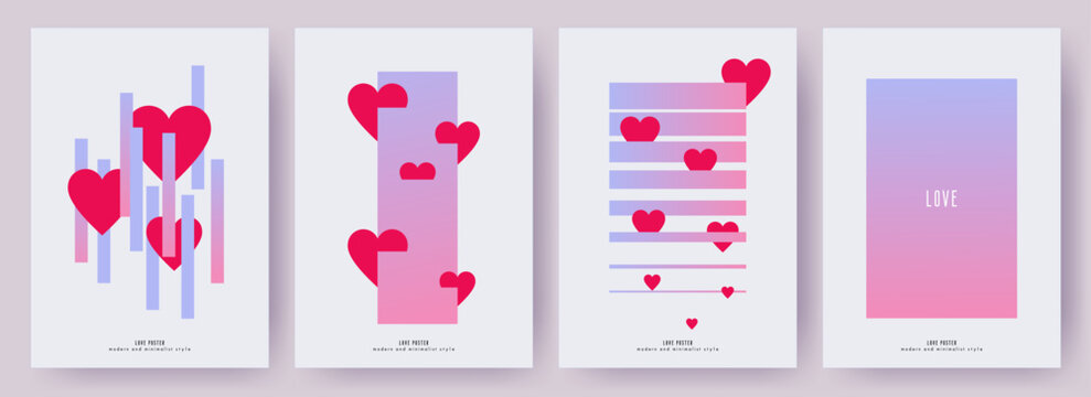 Modern design templates of Valentines day and Love cards, posters, covers  set. Trendy minimalist aesthetic with gradient graphic backgrounds. Red, pale pink, blue purple vibrant colors on white.