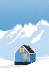 Creative concept illustration lonely cabin house in european mountain background styled as oil painting canvas.