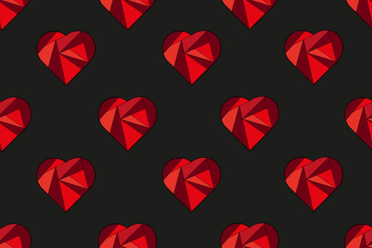 Seamless pattern with mosaic red viva magenta heart. Creative background with red hearts. Wallpaper and fabric print. Valentines day concept. Hipnotize effect backdrop.