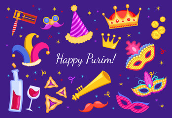 Collection of Purim Holiday party symbols and elements, crowns, funny masks, beanbag, golden coins, wine, trumpet, party cone and other. Decorative vector group of objects.