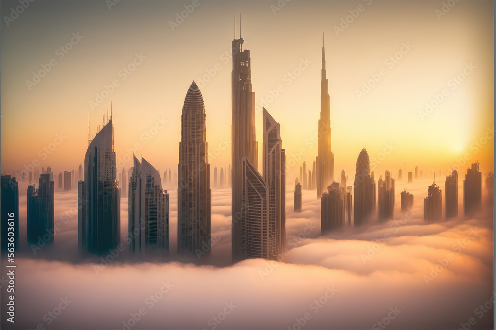 Wall mural top of skyscrapers building high above the clouds in the morning sunrise . futuristic architecture o