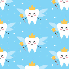Seamless pattern with tooth fairy. Children's pattern with a fairy. Vector illustration . Flat cartoon style. Kawaii style tooth print.