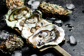 Fresh oysters with ice on a cutting board. 
