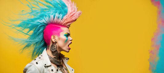 Colorful portrait of a modern hipster, punk girl with a vivid color hairstyle, eccentric girl who expresses musical style through styling, celebration and party. Illustration. Generative AI. - obrazy, fototapety, plakaty