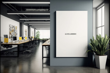 Empty advertising billboard frame on wall in office lobby copy space for mock up design template. Peculiar AI generative image.