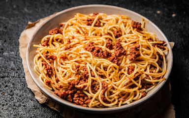 Ready made spaghetti bolognese on the table. 