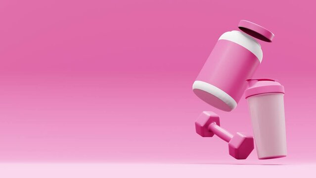 3D barbells with jar of protein powder against pink background