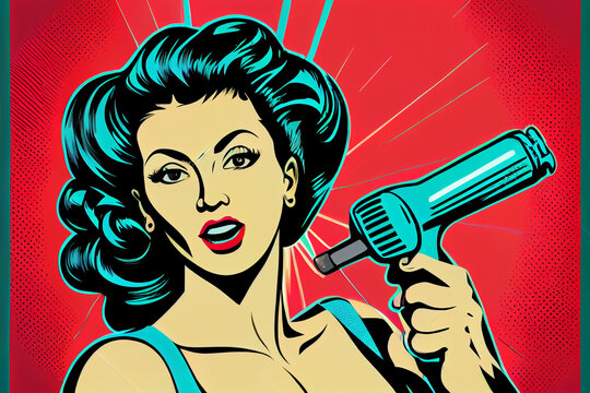 Sexy Pin-up Frau mit einem Telefonh&ouml;rer am telefonieren. Bunter Hintergrund in Pop-Art Retro-Comic-Stil - Generative Ai
