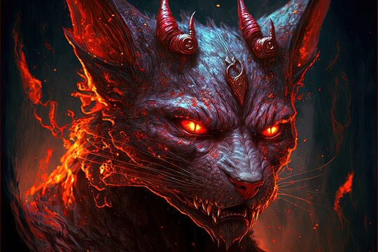 devil cat at the inferno. hell in flames illustration generative ai
